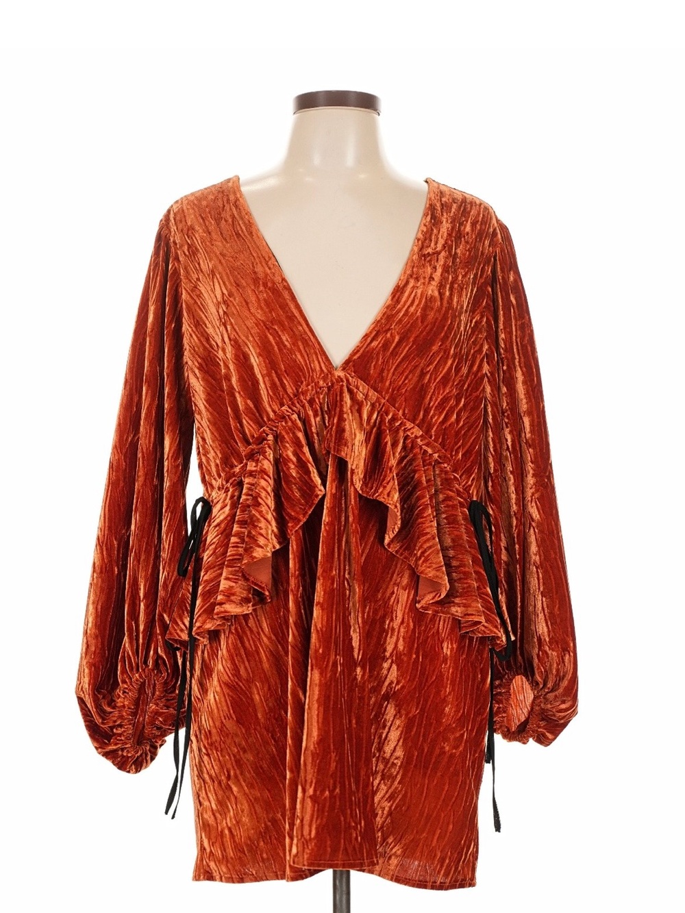 Topshop Orange Velvet Boho V-Neck Mini Dress Balloon Sleeve